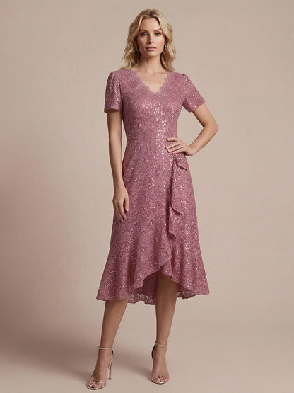 Sequin Lace High Low Wedding Guest Dress