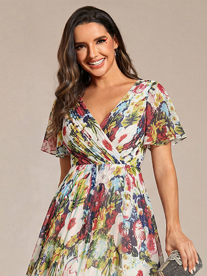 ever FAYE|Chic V Neck Asymmetrical Hem Ruffles Sleeve Pleated Chiffon Wedding Guest Dress
