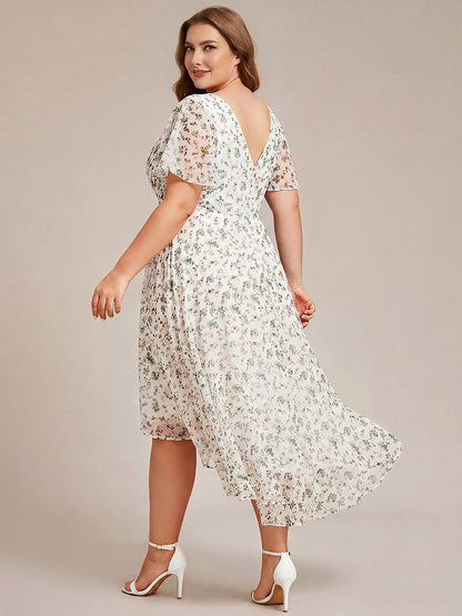 ever FAYE|Chic V Neck Asymmetrical Hem Ruffles Sleeve Pleated Chiffon Wedding Guest Dress