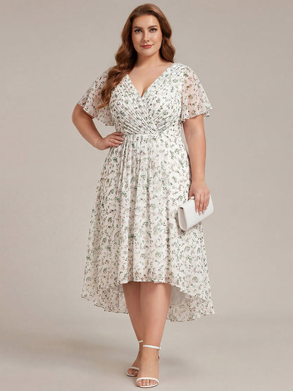 pretty FAYE|Plus Size Double V-Neck Ruffles Sleeve Chiffon Midi Wedding Guest Dress