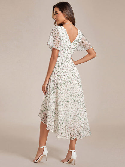 ever FAYE|Chic V Neck Asymmetrical Hem Ruffles Sleeve Pleated Chiffon Wedding Guest Dress