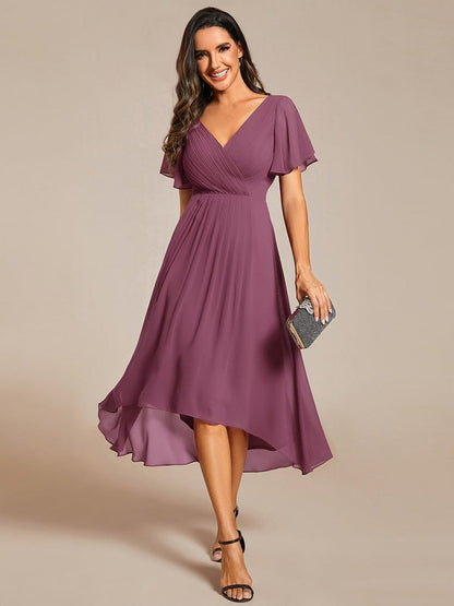 ever FAYE|Elegant V-Neck Flowy High-Low Short Sleeve Wedding Guest Dress