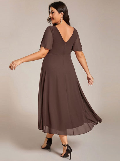 ever FAYE|Chic V Neck Asymmetrical Hem Ruffles Sleeve Pleated Chiffon Wedding Guest Dress