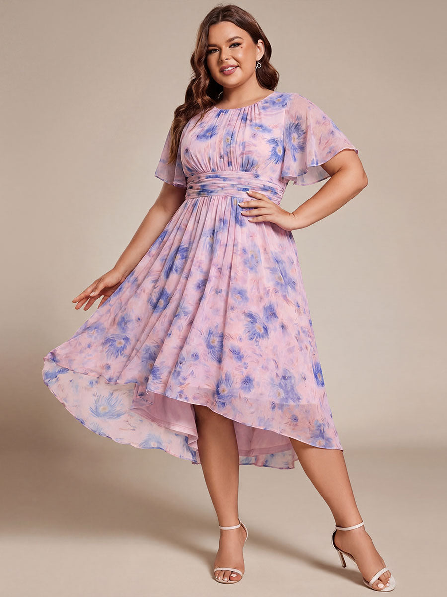 pretty EDEN|Plus Size Pleated Round Neckline A-Line Midi Chiffon Wedding Guest Dress
