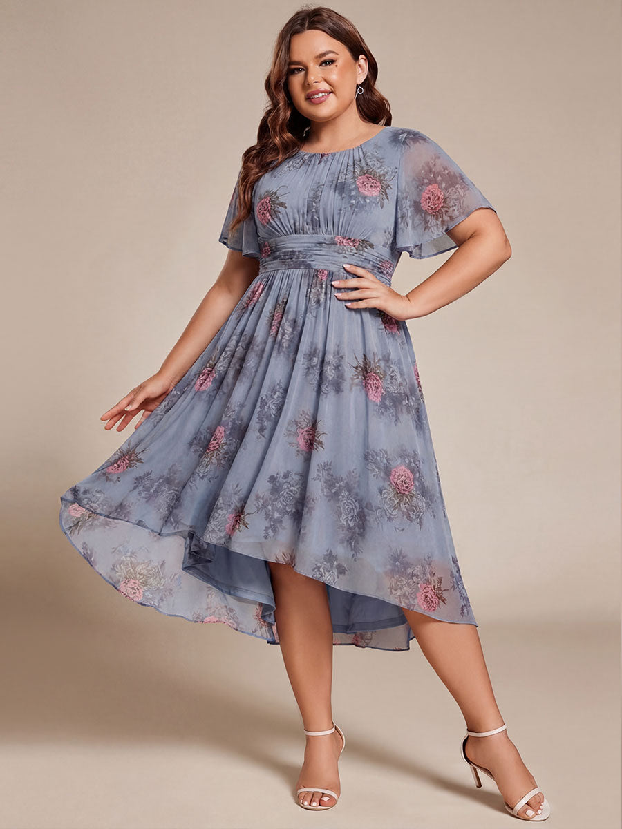 pretty EDEN|Plus Size Pleated Round Neckline A-Line Midi Chiffon Wedding Guest Dress