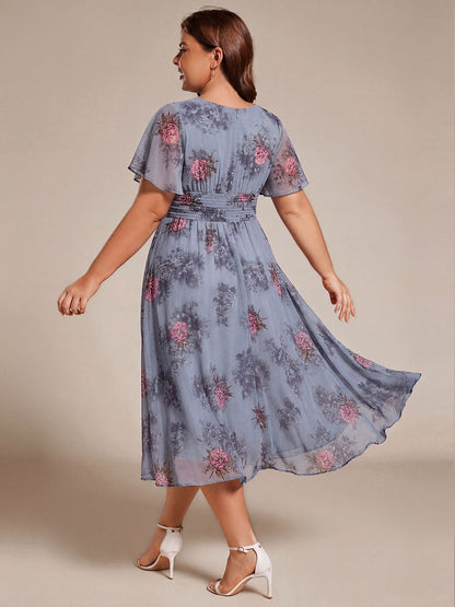 pretty EDEN|Plus Size Pleated Round Neckline A-Line Midi Chiffon Wedding Guest Dress