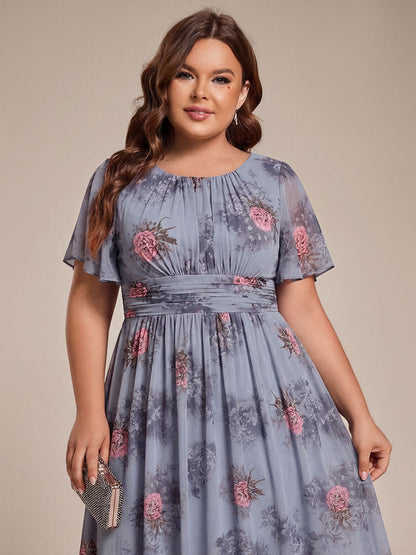 pretty EDEN|Plus Size Pleated Round Neckline A-Line Midi Chiffon Wedding Guest Dress