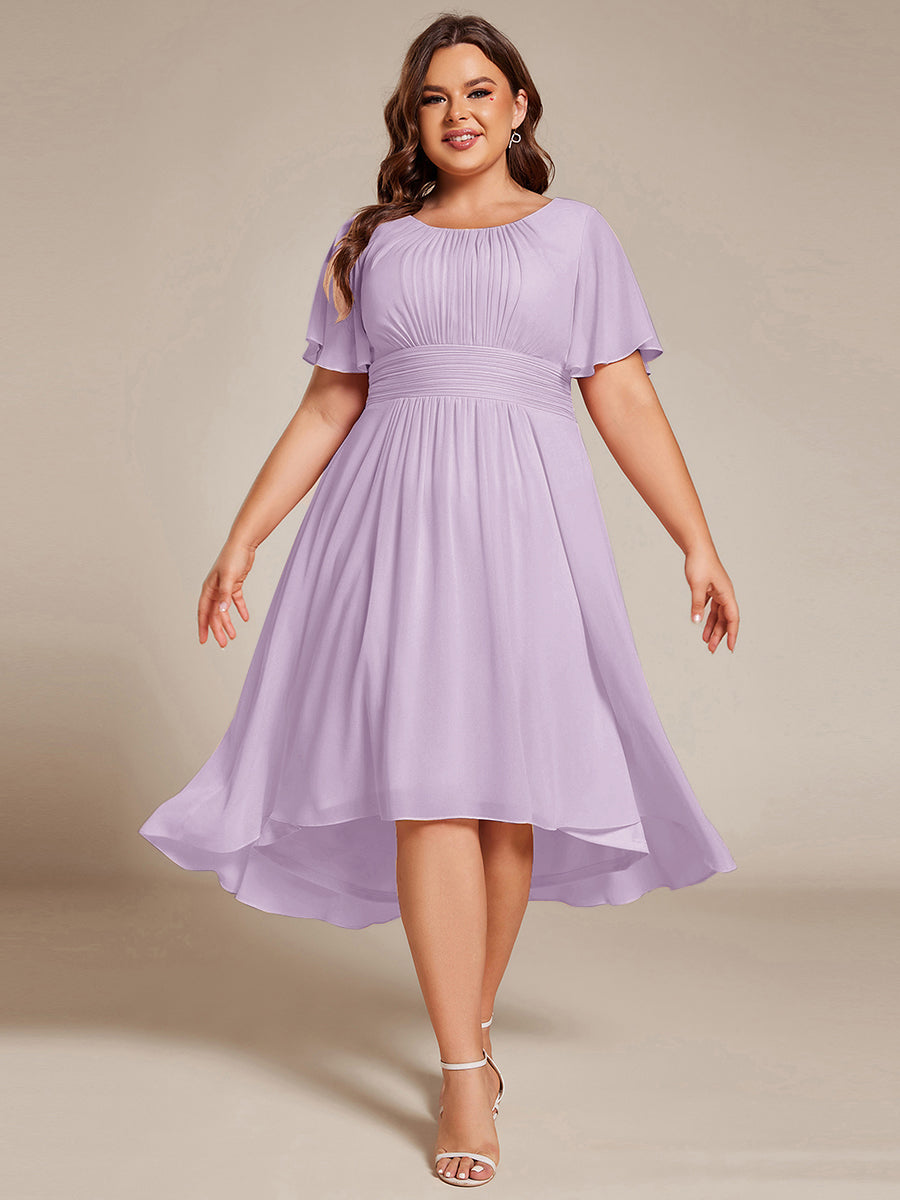 pretty EDEN|Plus Size Pleated Round Neckline A-Line Midi Chiffon Wedding Guest Dress