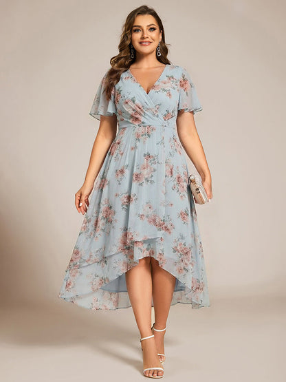 Deep V-Neck Chiffon Ruffle Sleeve Wedding Guest Dress