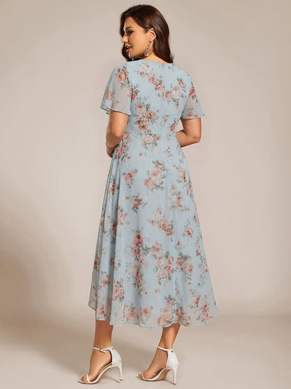pretty LARK|Plus Size Chiffon Short Sleeves Pleated V-Neck A-Line Midi Wedding Guest Dress