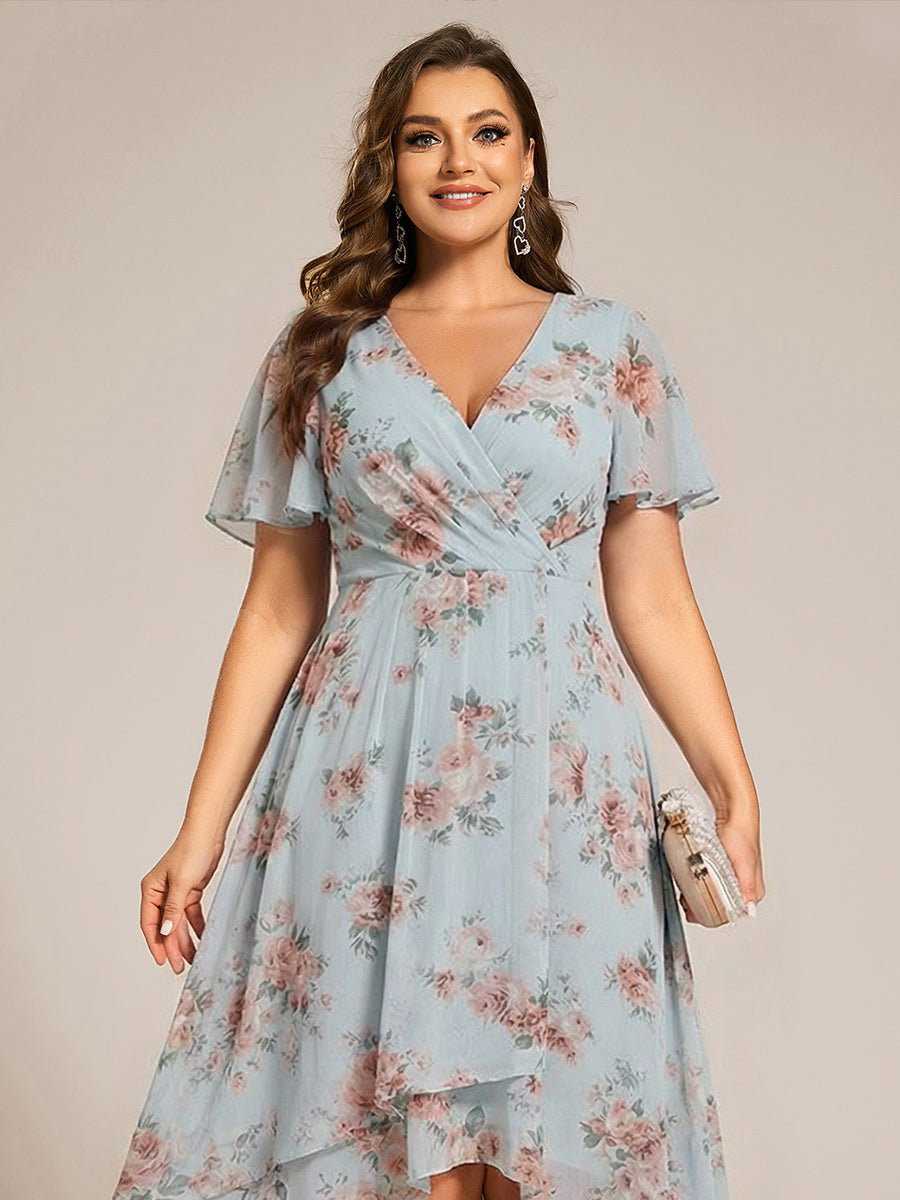 pretty LARK|Plus Size Chiffon Short Sleeves Pleated V-Neck A-Line Midi Wedding Guest Dress