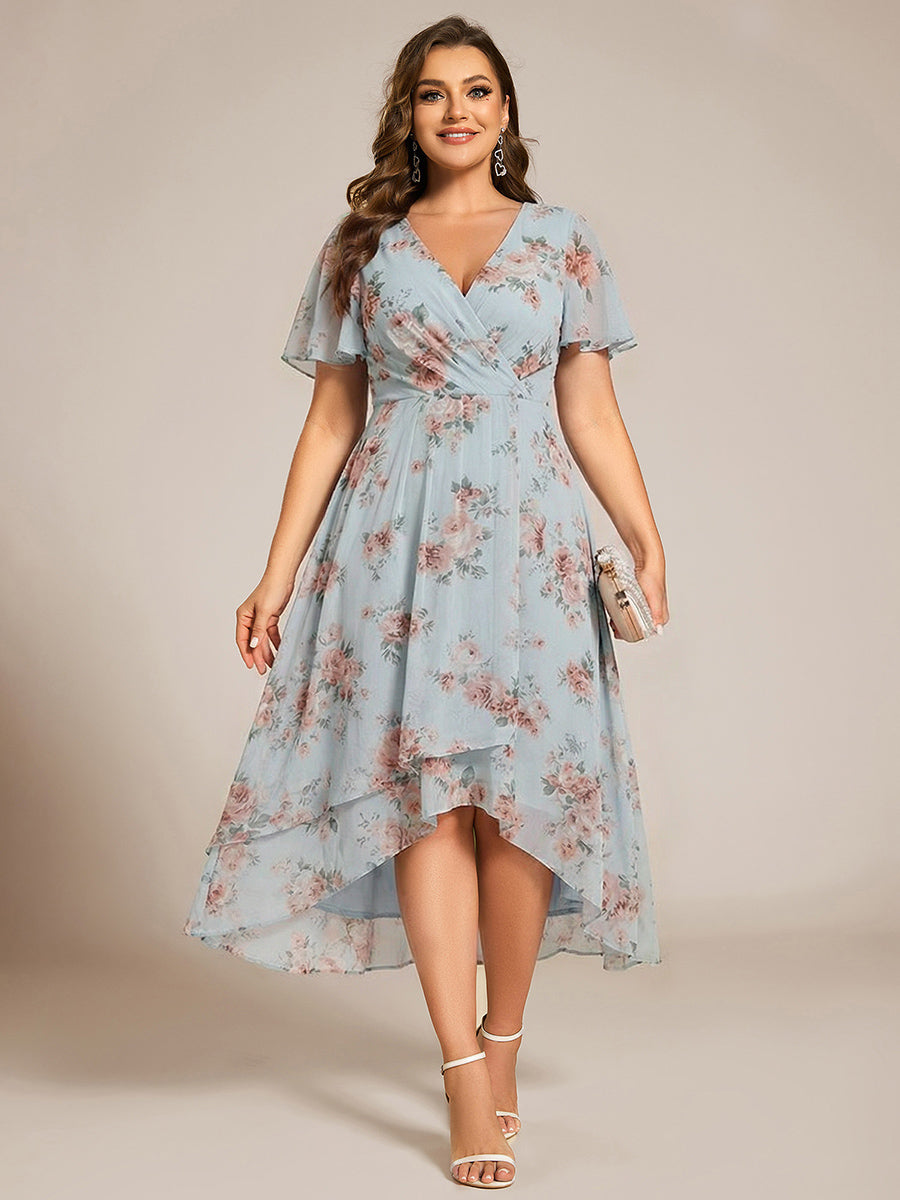 pretty LARK|Plus Size Chiffon Short Sleeves Pleated V-Neck A-Line Midi Wedding Guest Dress