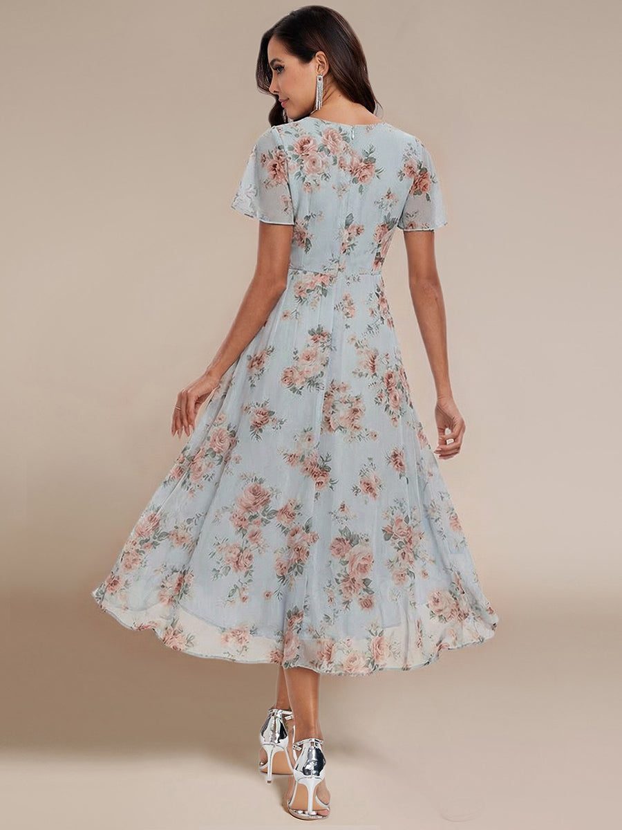 ever LARK|Ruffles Sleeve Pleated V-Neck A-Line Midi Chiffon Wedding Guest Dress