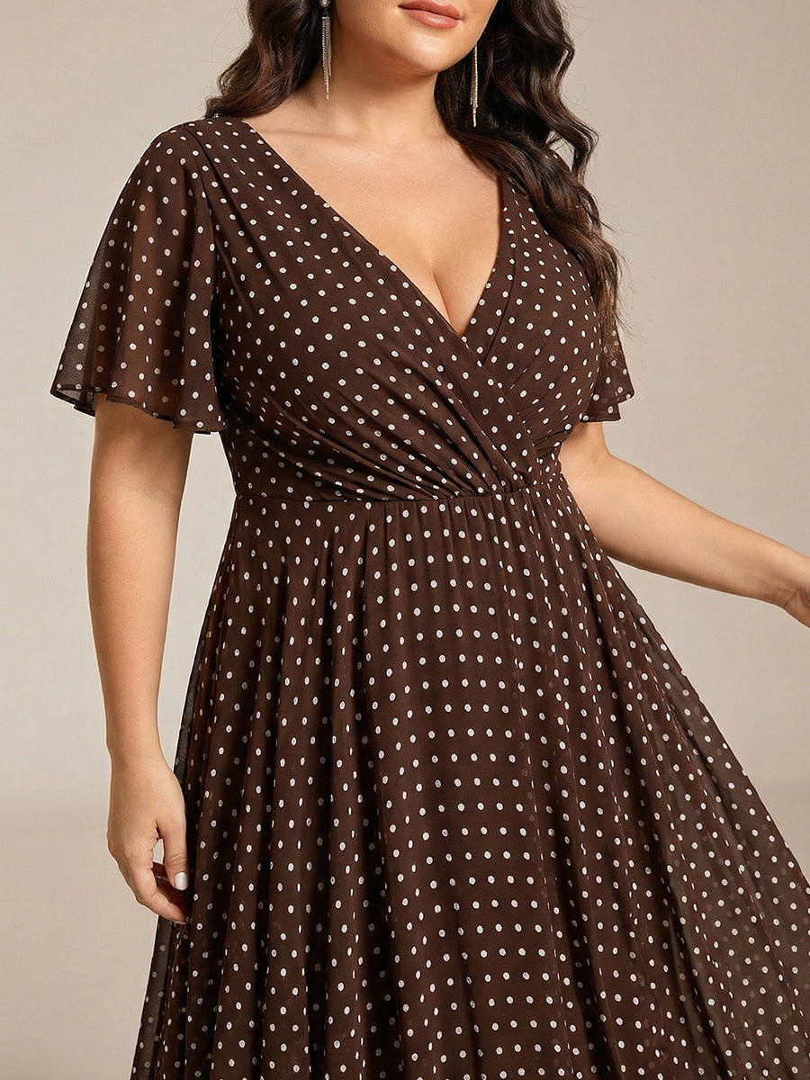 pretty LARK|Plus Size Chiffon Short Sleeves Pleated V-Neck A-Line Midi Wedding Guest Dress