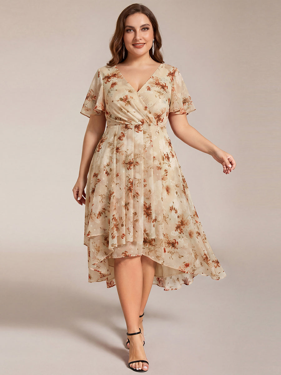 pretty LARK|Plus Size Chiffon Short Sleeves Pleated V-Neck A-Line Midi Wedding Guest Dress