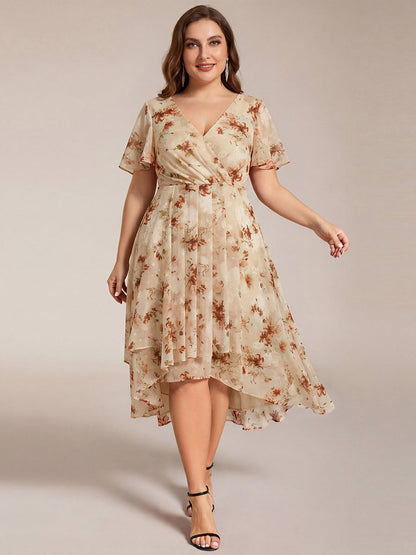 pretty LARK|Plus Size Chiffon Short Sleeves Pleated V-Neck A-Line Midi Wedding Guest Dress