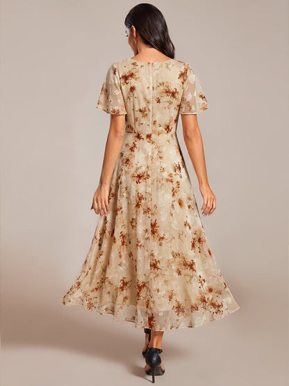 Deep V-Neck Chiffon Ruffle Sleeve Wedding Guest Dress