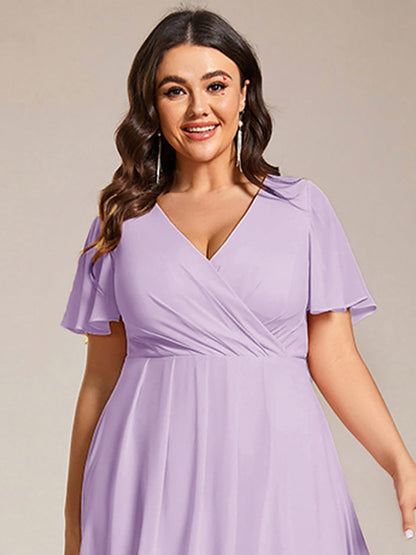 pretty LARK|Plus Size Chiffon Short Sleeves Pleated V-Neck A-Line Midi Wedding Guest Dress