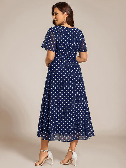 pretty LARK|Plus Size Chiffon Short Sleeves Pleated V-Neck A-Line Midi Wedding Guest Dress