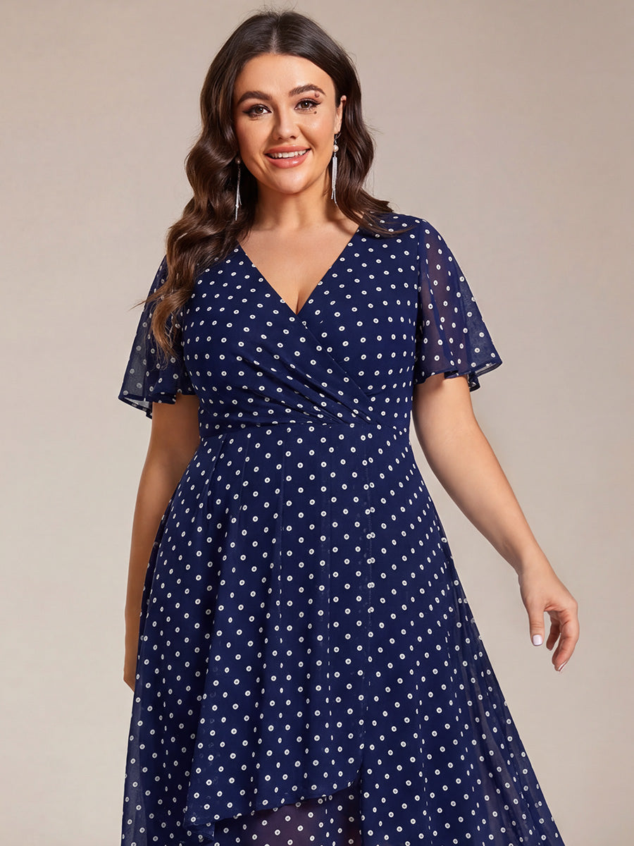 pretty LARK|Plus Size Chiffon Short Sleeves Pleated V-Neck A-Line Midi Wedding Guest Dress