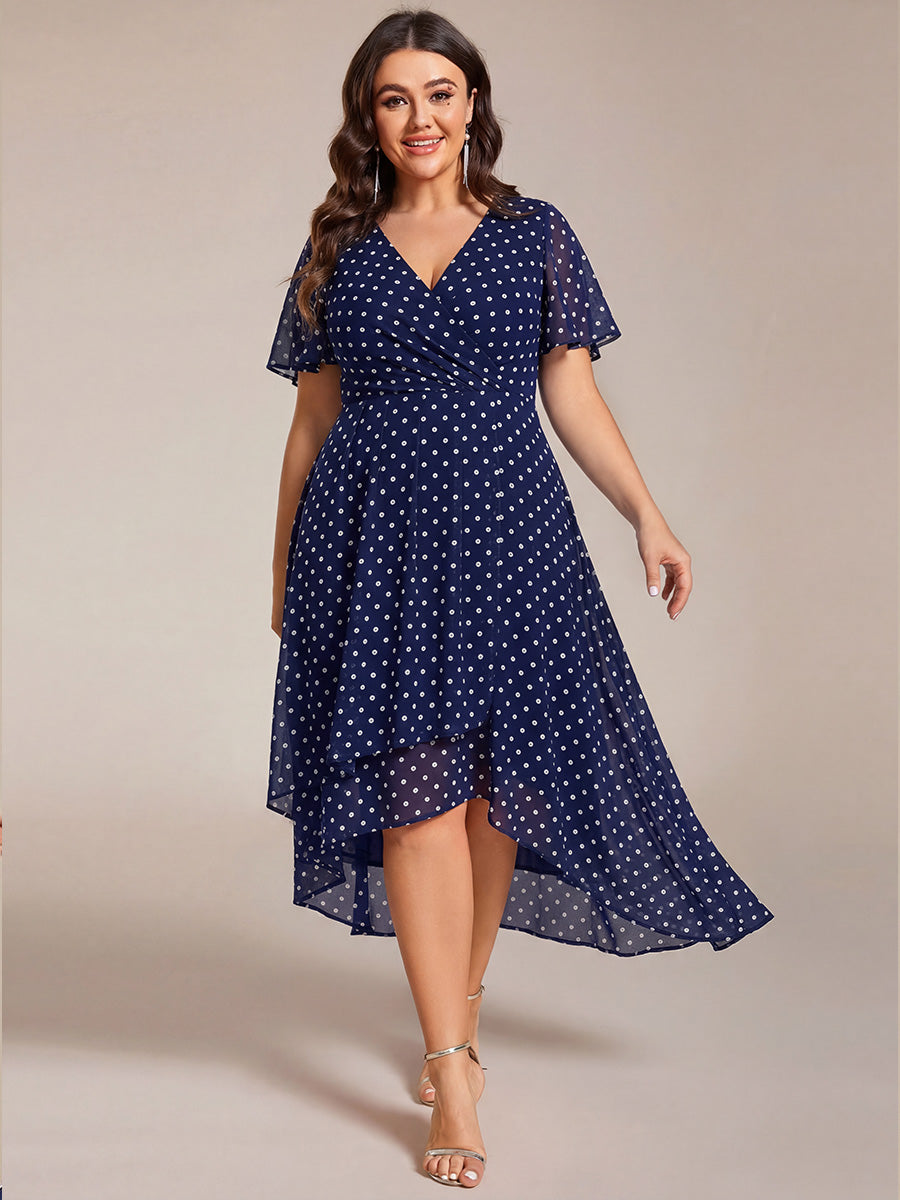 pretty LARK|Plus Size Chiffon Short Sleeves Pleated V-Neck A-Line Midi Wedding Guest Dress