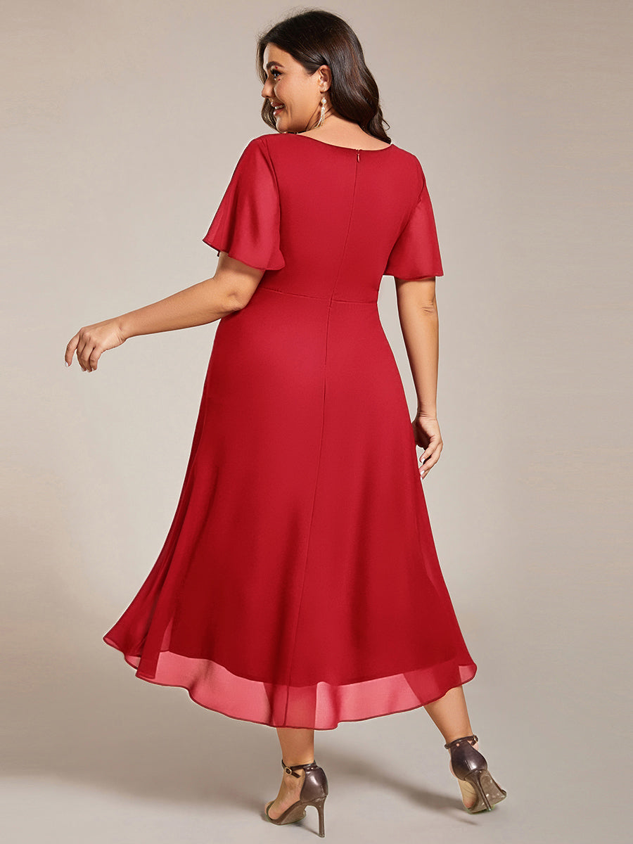 pretty LARK|Plus Size Chiffon Short Sleeves Pleated V-Neck A-Line Midi Wedding Guest Dress