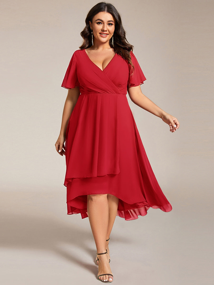 pretty LARK|Plus Size Chiffon Short Sleeves Pleated V-Neck A-Line Midi Wedding Guest Dress