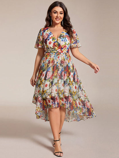 Deep V-Neck Chiffon Ruffle Sleeve Wedding Guest Dress