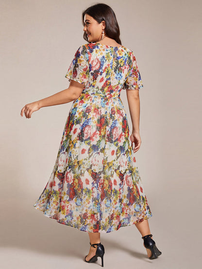 Deep V-Neck Chiffon Ruffle Sleeve Wedding Guest Dress