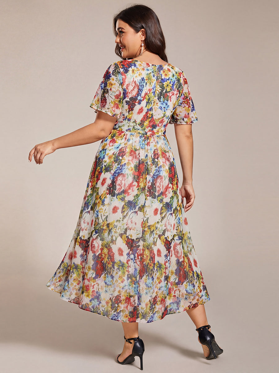 pretty LARK|Plus Size Chiffon Short Sleeves Pleated V-Neck A-Line Midi Wedding Guest Dress