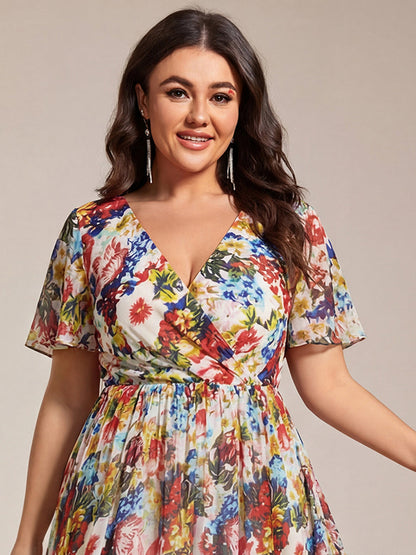 Deep V-Neck Chiffon Ruffle Sleeve Wedding Guest Dress