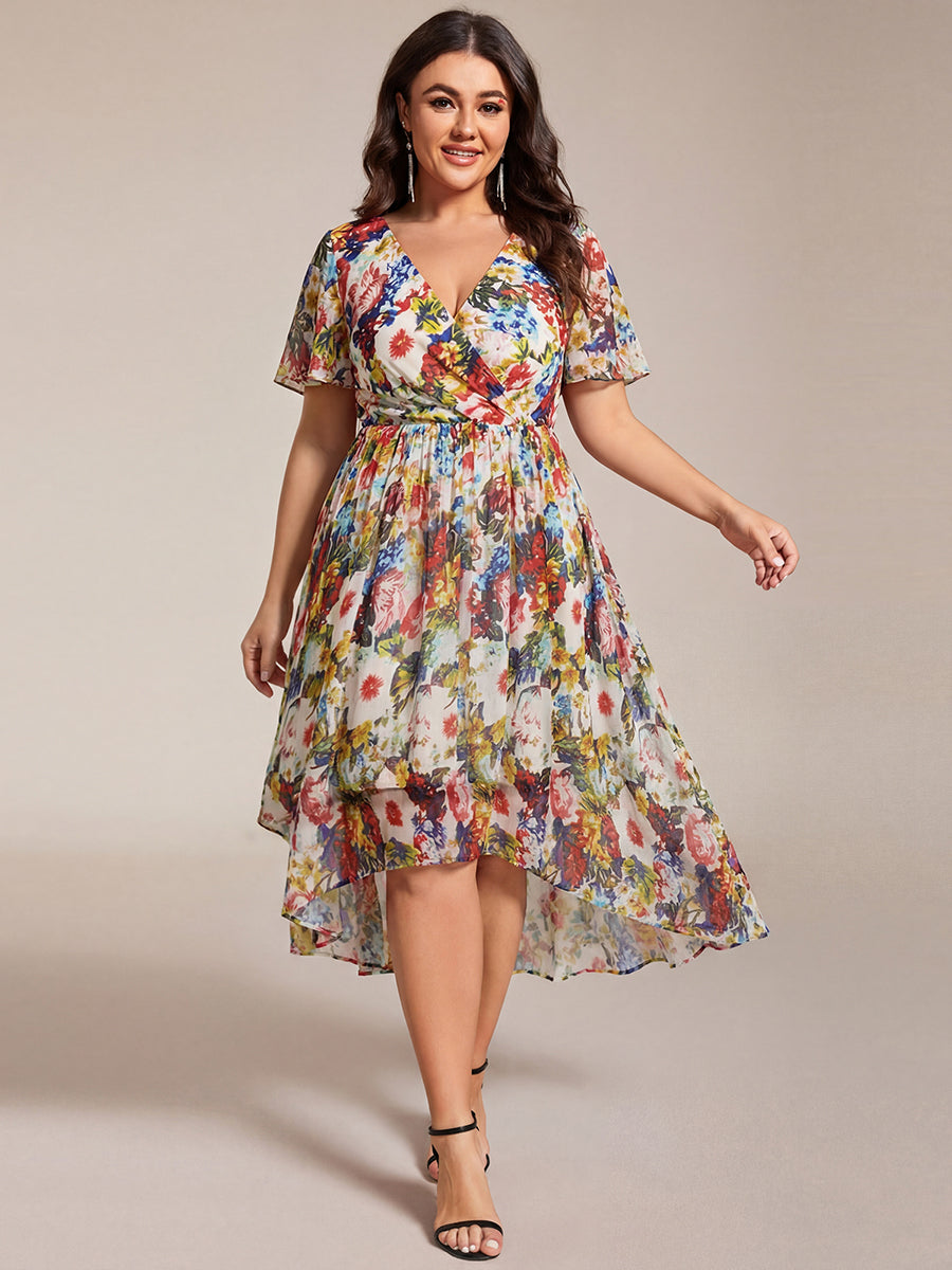 pretty LARK|Plus Size Chiffon Short Sleeves Pleated V-Neck A-Line Midi Wedding Guest Dress