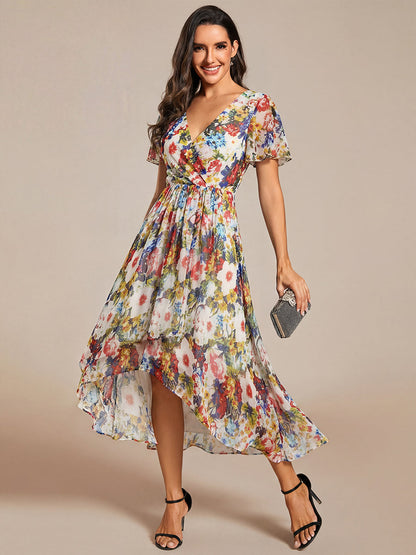 Deep V-Neck Chiffon Ruffle Sleeve Wedding Guest Dress