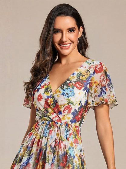 Deep V-Neck Chiffon Ruffle Sleeve Wedding Guest Dress