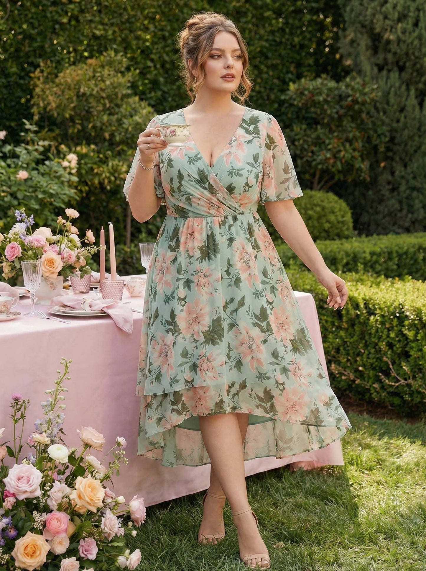 ever LARK|Ruffles Sleeve Pleated V-Neck A-Line Midi Chiffon Wedding Guest Dress
