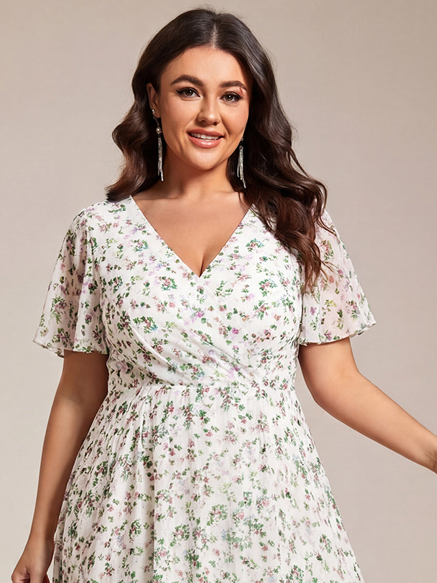 pretty LARK|Plus Size Chiffon Short Sleeves Pleated V-Neck A-Line Midi Wedding Guest Dress