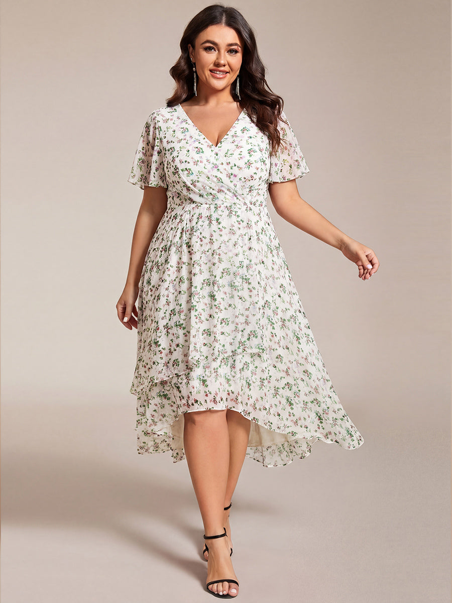 pretty LARK|Plus Size Chiffon Short Sleeves Pleated V-Neck A-Line Midi Wedding Guest Dress