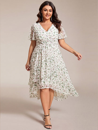 pretty LARK|Plus Size Chiffon Short Sleeves Pleated V-Neck A-Line Midi Wedding Guest Dress