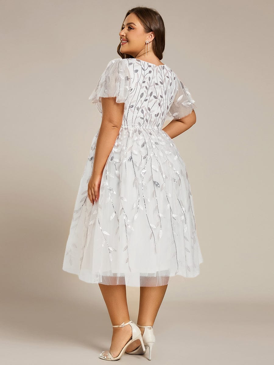 pretty SIMONE|Plus Size Sparkly A-Line Midi Tulle Formal Wedding Guest Dress with Leaf Sequin