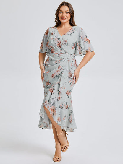 pretty FLORENCIA|Plus Size Printed Bodycon V-Neck Midi Dress