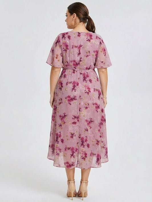 pretty FLORENCIA|Plus Size Printed Bodycon V-Neck Midi Dress