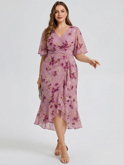 pretty FLORENCIA|Plus Size Printed Bodycon V-Neck Midi Dress