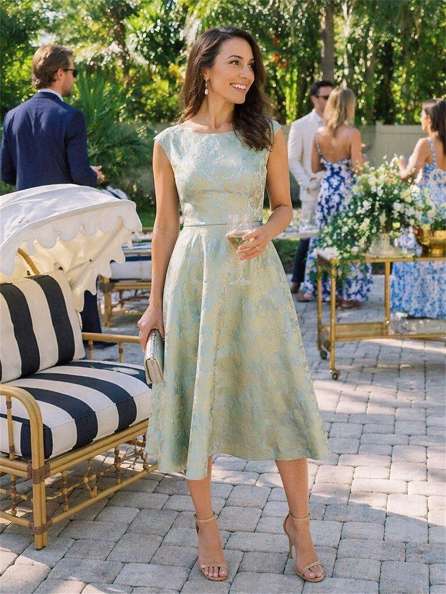 Floral Print Jacquard Cap Sleeve Wedding Guest Dress
