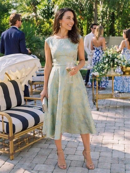 Floral Print Jacquard Cap Sleeve Wedding Guest Dress