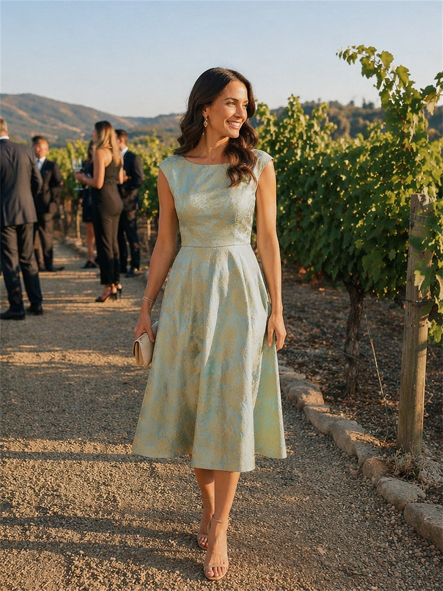 Floral Print Jacquard Cap Sleeve Wedding Guest Dress