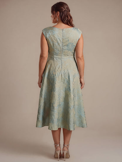 Plus Size Floral Jacquard Tea-Length A-Line Wedding Guest Dress