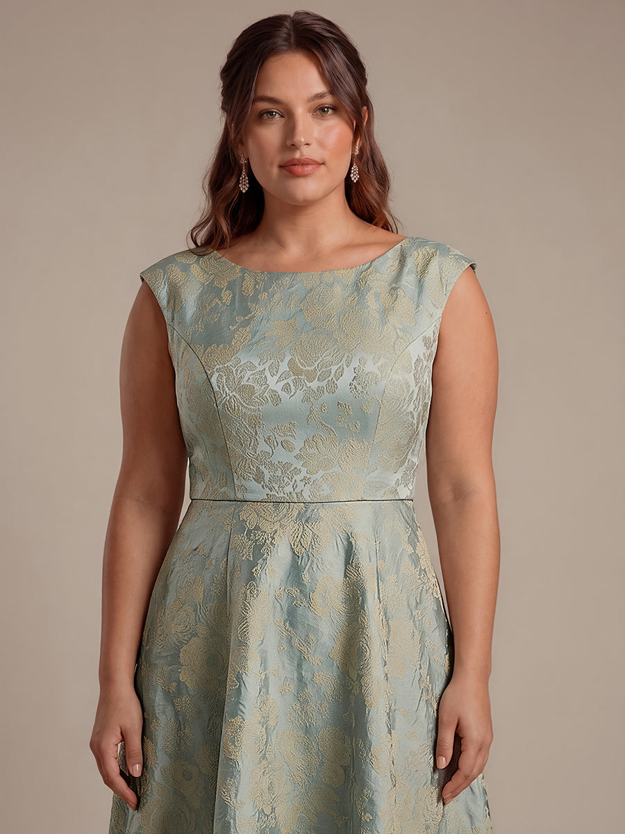 Floral Print Jacquard Cap Sleeve Wedding Guest Dress