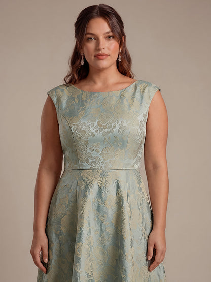 Floral Print Jacquard Cap Sleeve Wedding Guest Dress