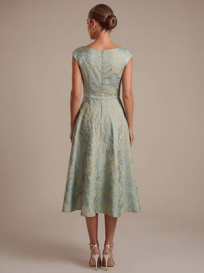 Floral Print Jacquard Cap Sleeve Wedding Guest Dress