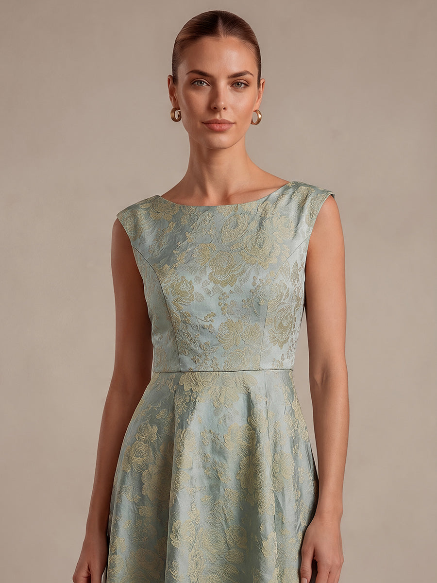 Floral Print Jacquard Cap Sleeve Wedding Guest Dress